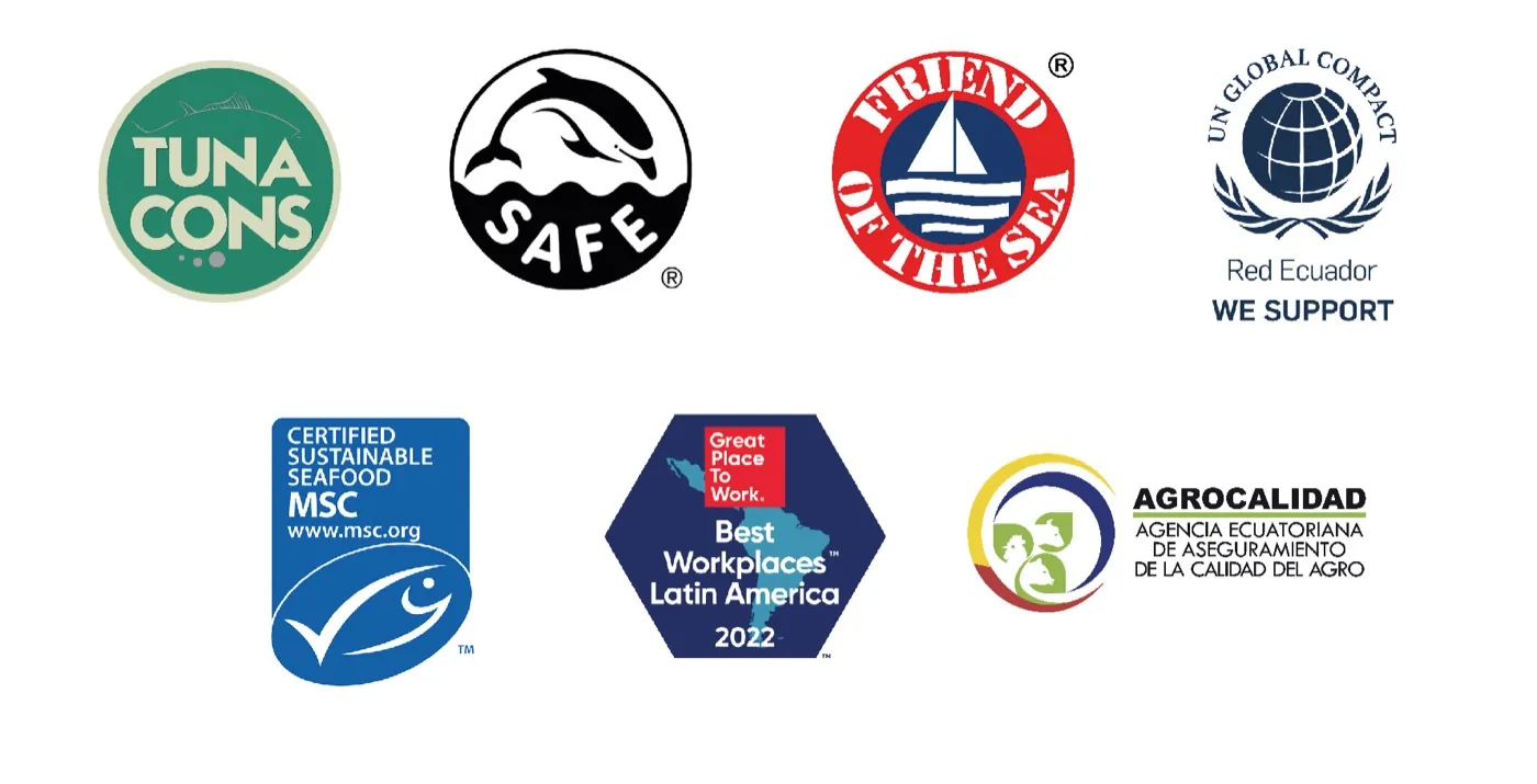 Certification logos: TunaCons, Dolphin Safe, Friend of the Sea, UN Global Compact, MSC, Agrocalidad